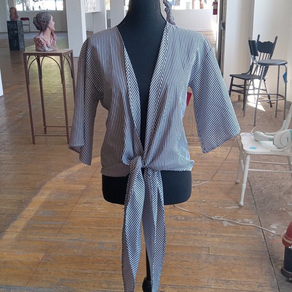 Gray and white striped wrap top - Picture 1 of 9